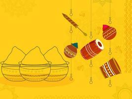 Line Art Bowl Full Of Colors With Hanging Water Gun, Mud Pots And Drum On Yellow Background. vector