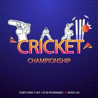 Cricket Championship Concept With Sticker Style Cricketer Players, Red Ball Hitting Wicket Stumps On Blue Dotted Background. vector