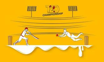 T20 Cricket Championship Concept With Cartoon Batsman And Bowler In Playing Pose On Yellow Background. vector