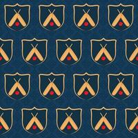 Seamless Pattern Of Crossed Bats With Ball Inside Shield On Blue Geometric Background. vector