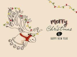 Merry Christmas And New Year Concept With Doodle Side View Of Moose Face, Lighting Garland Decorated Background. vector