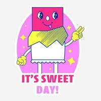 It's Sweet Day Lettering And Funny Opened Chocolate On Gray And Pink Background. vector