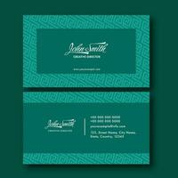 Green Color Editable Visiting Card With Greek Alphabet S Shape Pattern In Front And Back View. vector