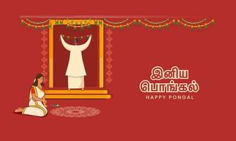 Tamil Lettering Of Happy Pongal In Sticker Style With South Indian Woman Making Rangoli And Man Decorative Door On Red Background. vector