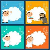 Set Of Islamic Background With Muslim Man Doing Pray, Donate And Given Space For Text Message. vector