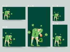 social medios de comunicación modelo publicaciones con dibujos animados duende hombre, trébol hojas y espacio para texto en verde antecedentes. vector