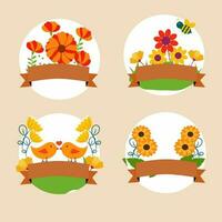 Collection Of Spring Sticker With Empty Ribbon Space For Message On Beige Background. vector