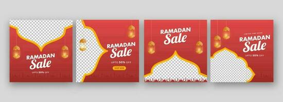 Ramadán rebaja póster diseño con descuento oferta, iluminado linternas colgar y espacio para imagen en rojo antecedentes en cuatro opciones vector