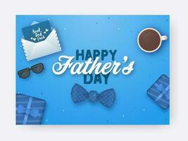 Happy Father's Day Concept With Top View Of Envelope, Eyeglasses, Bow Tie, Gift Boxes And Tea Cup On Blue Background. vector