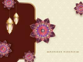 Ramadan Mubarak Concept With Golden Lit Lanterns Hang And Floral Or Arabic Pattern Decorated Background. vector