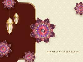 Ramadán Mubarak concepto con dorado iluminado linternas colgar y floral o Arábica modelo decorado antecedentes. vector