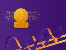 3D Golden Bitcoins With Abstract Waves Over Purple Background For Cryptocurrency Concept. vector