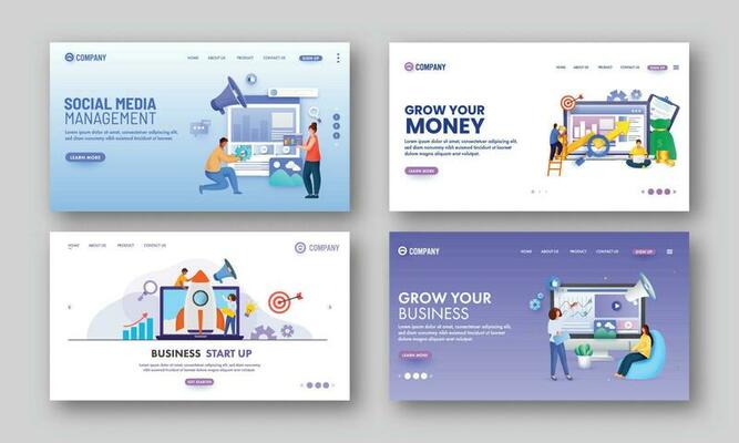 Set Of Hero Image Or Landing Page For Business Startup, Growth And Management.