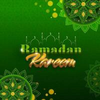 Ramadan Kareem Font With Line Art Mosque On Green Islamic Pattern Background. vector