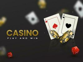 Golden Casino Text With 3D Poker Chips, Ace Cards And Dices On Black Blurred Background. vector