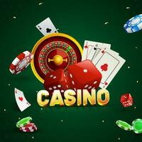 3D Golden Casino Text With Roulette Wheel, Playing Cards, Dices And Poker Chips On Green Background. vector