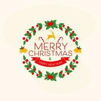 Merry Christmas And Happy New Year Font With Holly Berries, Jingle Bells On Cosmic Latte Background. vector