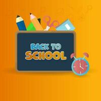 Back To School Text Over Chalkboard With Education Elements On Orange Background. vector