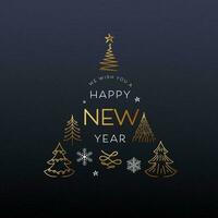 Wishing You A Happy New Year Message With Golden Line Art Xmas Tree Collection, Snowflakes On Dark Gray Background. vector