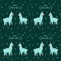 Teal Green Snowflake Pattern Background With Cartoon Sheep Couple And Happy New Year Font. vector
