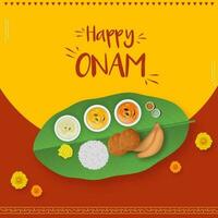 contento onam celebracion concepto con parte superior ver de sadhya comida en rojo y amarillo antecedentes. vector