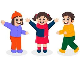 Cheerful Children Wearing Woolen Clothes On White Background. vector