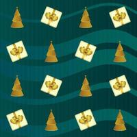 Top View Of Gift Boxes And Golden Xmas Tree Decorated On Teal Wave Background. vector