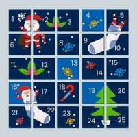 Christmas Advent Calendar With Festival Elements On Green Square Background. vector