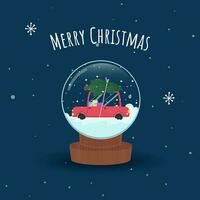 Merry Christmas Concept With Car Or Taxi Full Of Gift Boxes And Xmas Tree Inside Snow Globe On Blue Background. vector