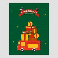 Spanish Lettering Of Merry Christmas With Gift Box Stack Over Truck Stall On Green Background. vector