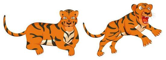 Two Position Of Tiger Character On White Background. vector