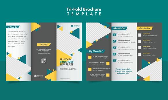 Tri-Fold Business Brochure Template Layout With Geometric Triangle Elements In Front And Back Side. vector
