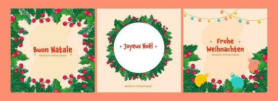 Social Media Posts Decorated With Pine Leaves, Berries, Baubles And Merry Christmas Font In Three Types Language. vector