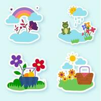 Various Type Spring Sticker On Blue Background. vector