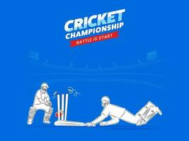 Concept Of Batsman Run Out With Wicket Keeper On Blue Stadium Background For Cricket Championship Battle Is Start. vector