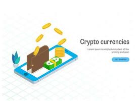 3d bitcoin estallar fuera de billetera con billete de banco apilar terminado teléfono inteligente para cripto monedas concepto. web bandera o póster diseño. vector