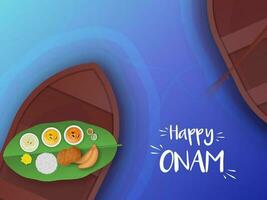 contento onam celebracion concepto con parte superior ver de sadhya comida en de madera barco y río antecedentes. vector