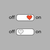 On and Off sign, icon, switch buttons set with heart, vector illustration