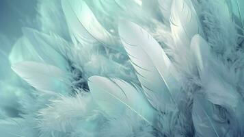 a bright blue background with one white feather, in the style of soft and dreamy pastels, glimmering light effects, nature inspired imagery, fairycore, soft focal points, generate ai photo