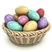 Colorful easter eggs in basket isolated on white background, generate ai photo