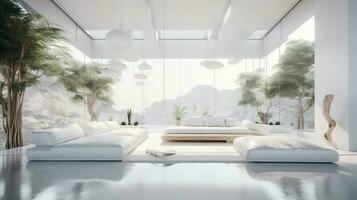 a futuristic white minimal interior of a living room, luxurious interior, extra large sofa design, tropical plants, view overlooking the natural landscape, and modern swimming pool, generate ai photo