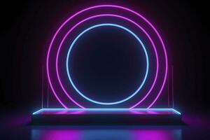Empty neon lights round frame podium floating in the air with purple neon rings on background and hologram of digital rings on a floor, generate ai photo