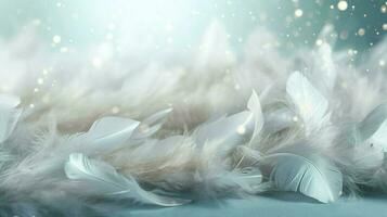 a bright blue background with one white feather, in the style of soft and dreamy pastels, glimmering light effects, nature inspired imagery, fairycore, soft focal points, generate ai photo