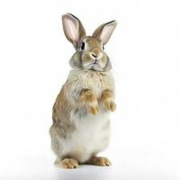The funny rabbit is standing on its hind legs isolated on white background, generate ai photo