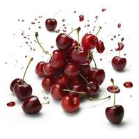 Whole and sliced fresh cherries in the air, isolated on a white background, generate ai photo