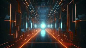 digital cg background, cg backgrounds sci-fi backgrounds, in the style of futuristic geometric abstraction, dark orange and light cyan, 32k UHD, neon, and fluorescent light, generat ai photo