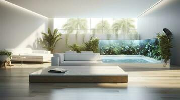 un futurista blanco mínimo interior de un vivo habitación, lujoso interior, extra grande sofá diseño, tropical plantas, ver con vista a el natural paisaje, y moderno nadando piscina, generar ai foto