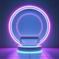Empty neon lights round frame podium floating in the air with purple neon rings on background and hologram of digital rings on a floor, generate ai photo