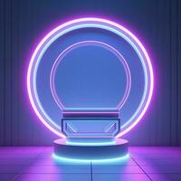 Empty neon lights round frame podium floating in the air with purple neon rings on background and hologram of digital rings on a floor, generate ai photo