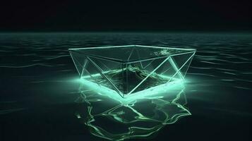 a neon light in blue glowing shape, in the style of bold geometric minimalism, quadratura, hyper-realistic water, dark emerald and light cyan, generat ai photo